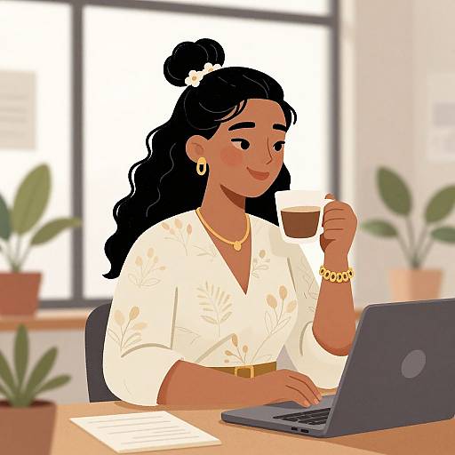 Digital illustration of a smiling dark-skinned woman with black hair in a bun, wearing a white floral blouse, gold jewelry, sipping coffee at a