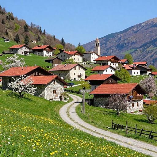 Photograph of a vibrant, scenic village with red-roofed stone houses, winding gravel path, yellow wildflowers, and a church steeple
