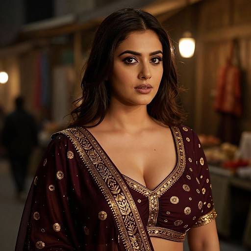 Photograph of a beautiful South Asian woman with long dark hair, brown eyes, and medium skin tone, wearing an elegant, gold-embroidered