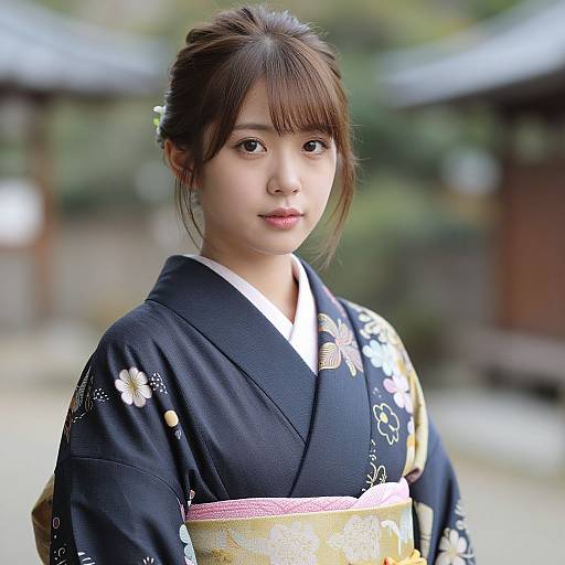 Photograph of a young Japanese woman with fair skin, brown hair in a bun, wearing a black floral kimono with a yellow and pink obi