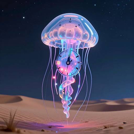 Photorealistic CGI of a glowing jellyfish with a clock face, floating over a desert under a starry night sky.