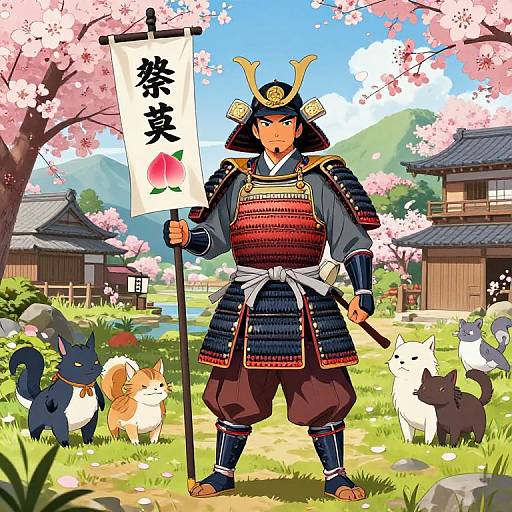 Momotaro in Samurai Armor with Mythical Creatures