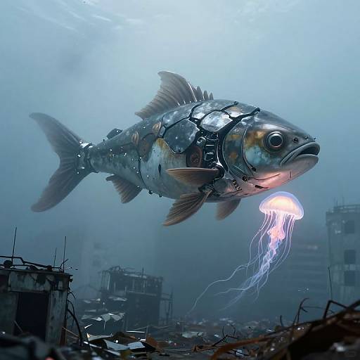 Photograph of a cybernetic fish with metallic armor, glowing eyes, and a jellyfish-like tail, floating in a foggy, underwater urban