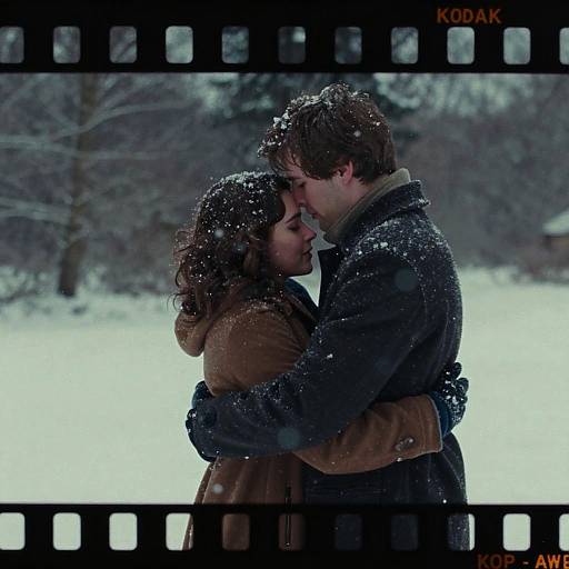 Photograph of a snow-covered couple kissing, wrapped in winter coats, arms around each other, blurred winter trees in background. Filmstrip borders. Kod