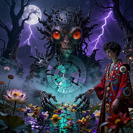 Digital fantasy artwork: A young person in colorful, ornate robes stands in a luminescent, flower-filled pond, facing a massive, eerie,
