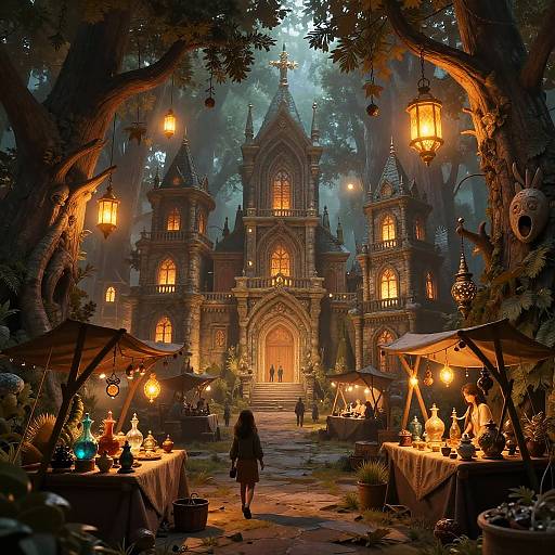 Fantasy scene: A lone figure walks towards a glowing, medieval castle at night market, surrounded by lanterns, stalls, and enchanted forest. Digital