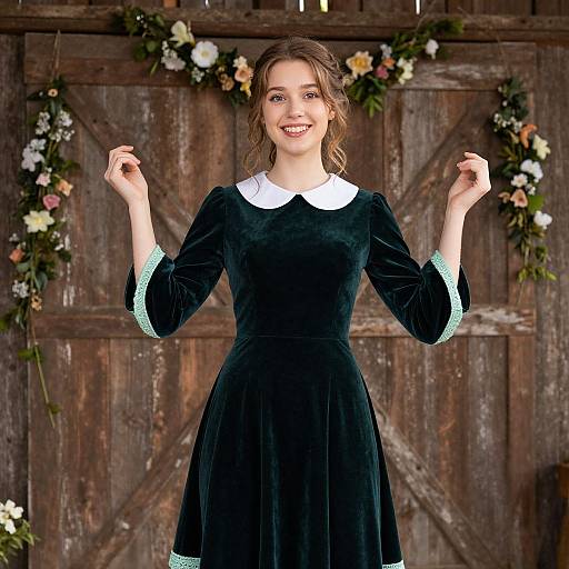 Photograph of a smiling young woman with light brown hair in a black velvet dress with white collar and mint-green sleeves, standing in front of a rustic