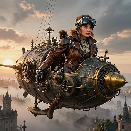 Steampunk airship pilot with goggles, brown leather jacket, and fur-trimmed collar, flying over a misty, sunset-lit city