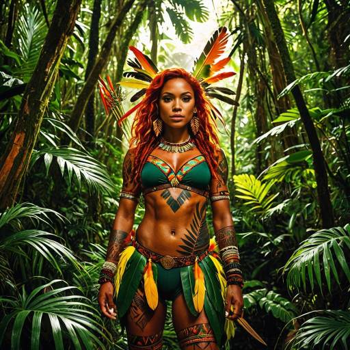 Athletic Woman in Tribal Outfit in Tropical Rainforest
