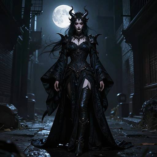 Digital artwork of a dark, gothic queen with black horns, flowing black dress, and thigh-high boots, standing in a moonlit, ruined alley