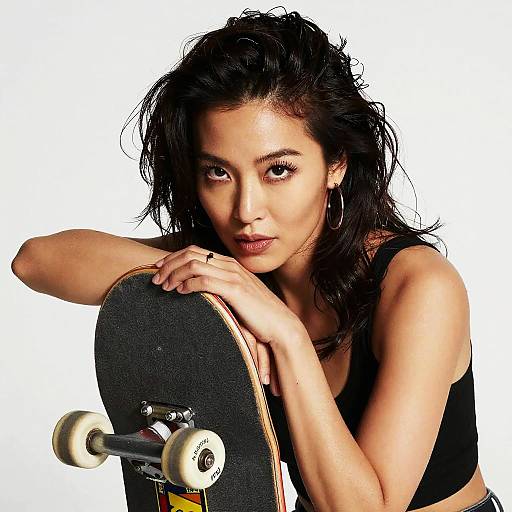 Photograph of a young Asian woman with messy black hair, hoop earrings, black tank top, holding a skateboard with white wheels.