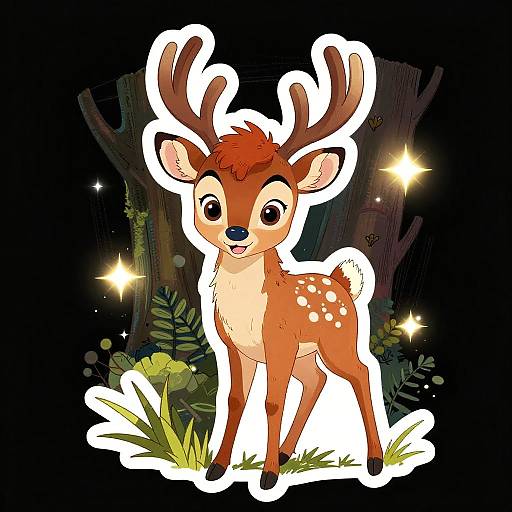 Cute cartoon deer with large eyes, brown fur, and white spots, standing in a dark forest with glowing stars and plants. Digital illustration with bold