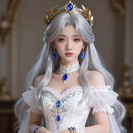 CGI princess with long silver hair, blue gemstone crown and necklace, white lace off-shoulder dress, blue earrings, elegant, regal