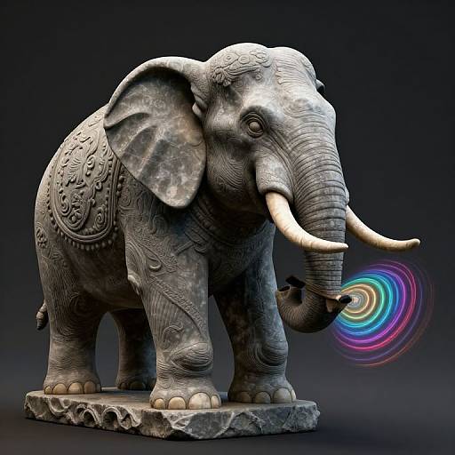 Photorealistic CGI of an intricately carved, gray stone elephant with large white tusks, standing on a rock, blowing a colorful, rainbow spiral