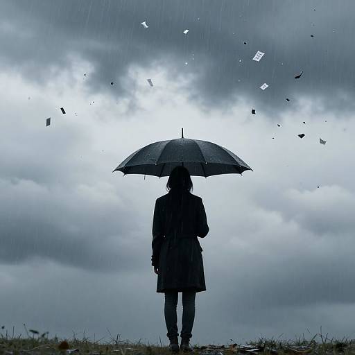 Photograph of a silhouetted person holding a black umbrella, standing on a grassy field under a stormy, cloudy sky with scattered paper