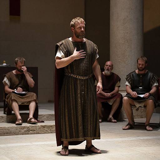 Photograph of a bearded man in ancient Roman-style black tunic and sandals, standing on stage, with three seated men in similar attire in the