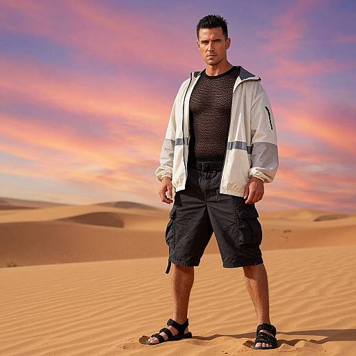 Photograph of a serious-looking man in a white jacket, black mesh shirt, black shorts, and sandals standing in a desert at sunset with orange and