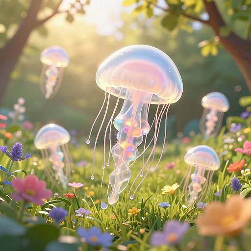 Photograph of glowing jellyfish floating in a sunlit, colorful meadow with vibrant flowers and green grass, creating a magical, ethereal scene.