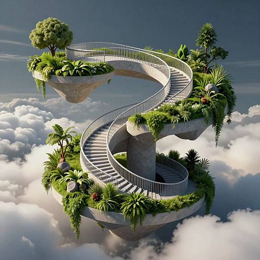 Digital art of a floating, spiraling concrete staircase adorned with lush green plants and trees, set against a sky filled with fluffy clouds.