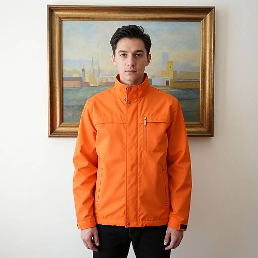 Man in Orange Jacket with Art