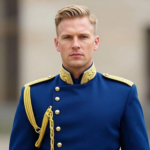 Blonde Man in Blue Military Uniform