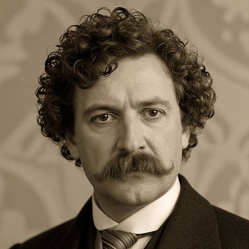 Sepia-toned photograph of a man with curly dark hair, thick mustache, and serious expression, wearing a dark suit and tie, against a