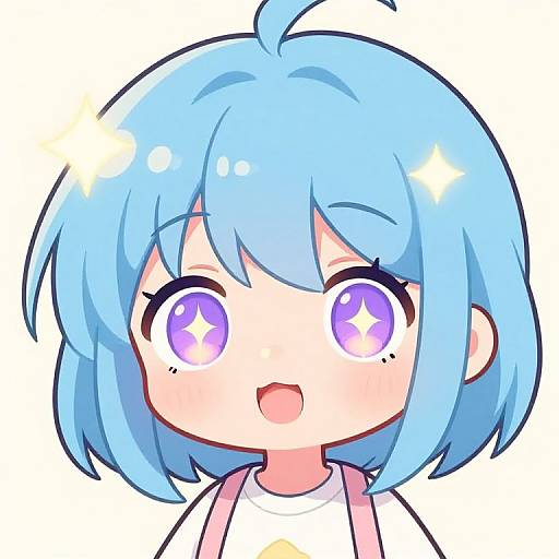 Chibi-style digital drawing of a cute, blue-haired anime girl with sparkling purple eyes, wearing a white shirt and pink backpack.