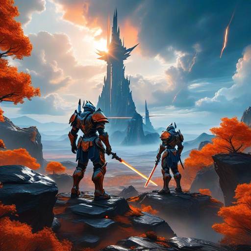 Armored warriors with glowing swords near futuristic tower