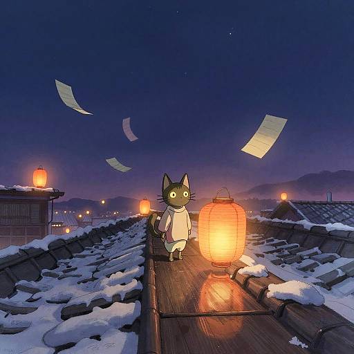 Mystical Kitten on Snowy Rooftop with Lanterns
