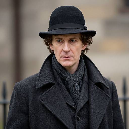 Photograph of a Caucasian man with fair skin, brown curly hair, wearing a black bowler hat, dark overcoat, and black scarf, standing