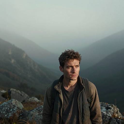 Photograph of a rugged, curly-haired man with a serious expression, wearing a dark jacket, standing on a rocky mountain ridge with misty, forest