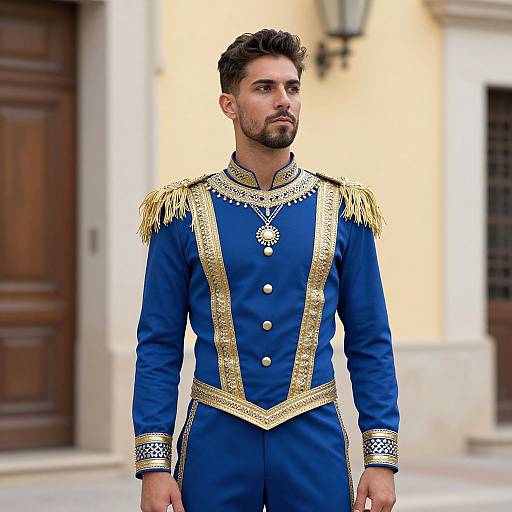 Photograph of a handsome, bearded man with dark hair, wearing an ornate blue and gold military-style uniform, standing in front of a beige