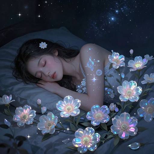 Digital artwork of a sleeping Asian woman with glowing blue flowers, surrounded by twinkling stars, in a dark, ethereal night scene.