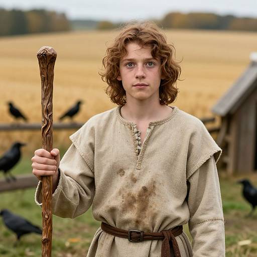 Photograph of a young woman with curly brown hair, wearing a dirty, beige medieval-style dress, holding a twisted wooden staff, standing in a rural