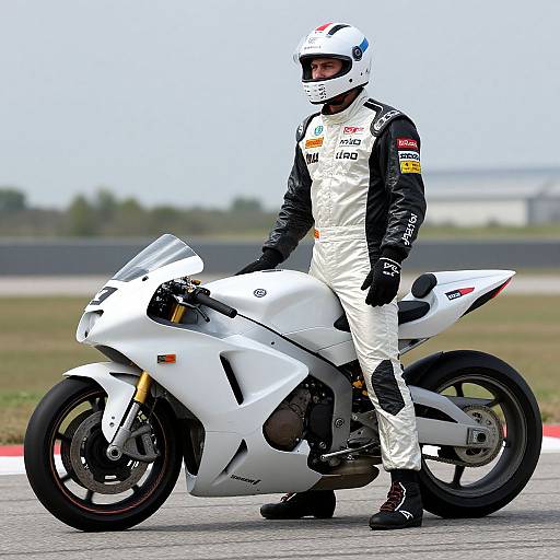 Photograph of a male motorcyclist in white racing suit and helmet, standing beside a white sports motorcycle on a racetrack.