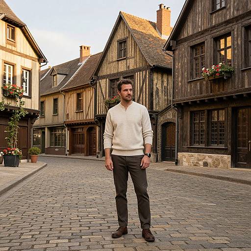 Burgundy Clad Man in Rustic Village