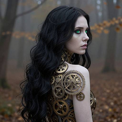 Photorealistic digital art: Pale-skinned woman with long, wavy black hair, glowing green eyes, wearing intricate gold gears on her back,
