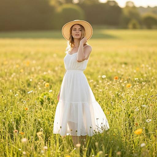 Photograph of a young woman in a white sundress and straw hat, standing in a sunlit field of wildflowers, with a blurred green forest