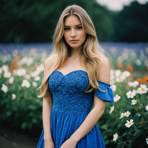 Blonde Woman in Blue Dress Among Flowers