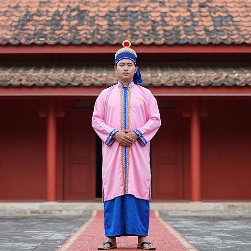 Photograph of an African man in traditional Chinese attire, standing in front of a red-roofed building, wearing a pink robe, blue pants,