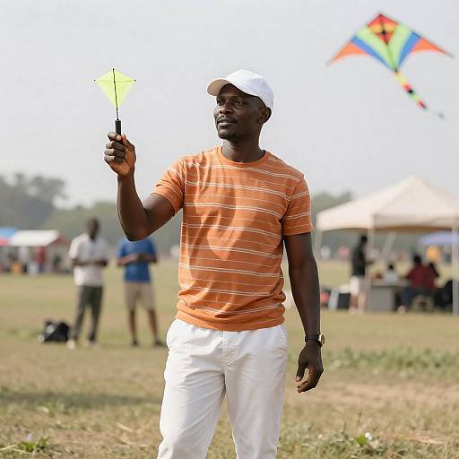 Muscular Black Man Flying Kites Outdoors