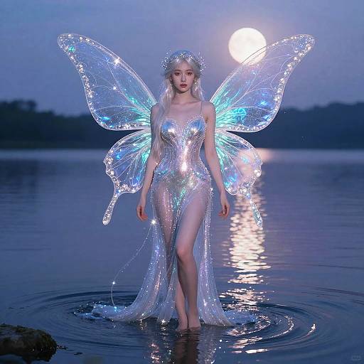 Photograph of a fair-skinned woman with silver hair, wearing a shimmering, silver sequin dress and glowing blue fairy wings, standing in a