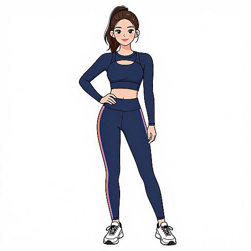 Digital drawing of a confident woman with fair skin, brown hair in a ponytail, wearing a navy long-sleeve crop top and matching leggings,