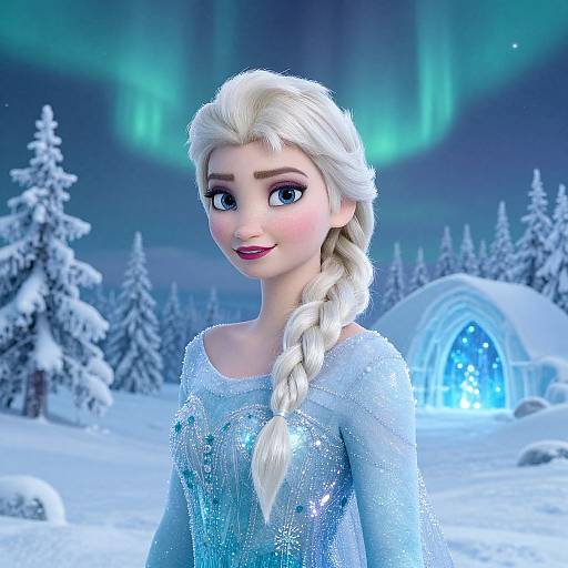 Digital art of Elsa from Frozen standing in a snowy forest with aurora borealis, wearing a sparkling silver dress, braid over shoulder, glowing ig