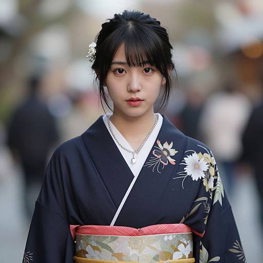 Realistic Black-Haired Girl in Kimono