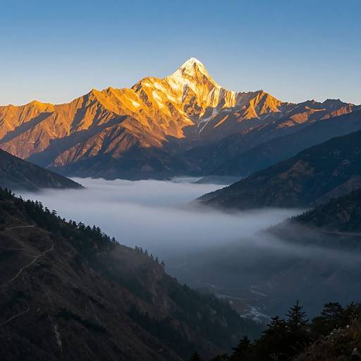 Photograph of a sunlit, golden mountain peak with rugged texture, surrounded by dark forested valleys and a layer of misty white clouds. Clear
