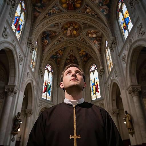 Photograph of a young Caucasian male priest with short brown hair, wearing a black clerical robe and gold cross, standing in a grand Gothic cathedral with