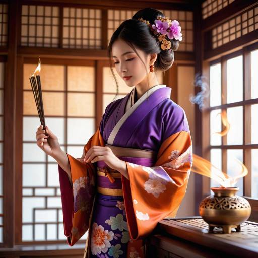 Japanese woman in traditional kimono with incense sticks