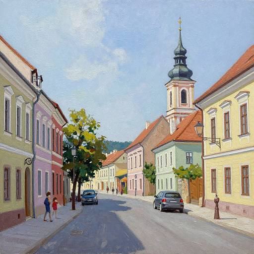 Acrylic Painting of Staszów Street Panorama