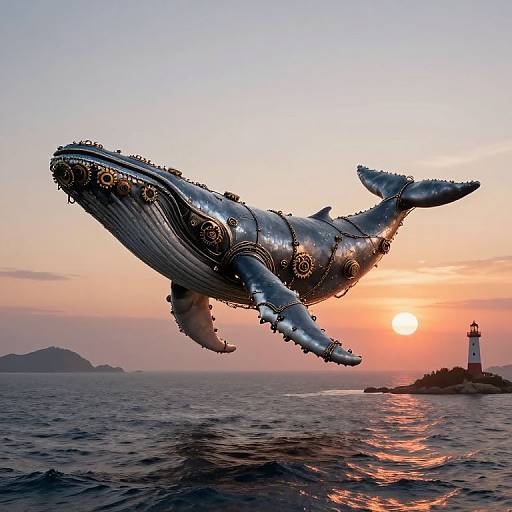 Digital art of a metallic, gear-adorned whale flying over a sunset ocean, with a lighthouse on the right.